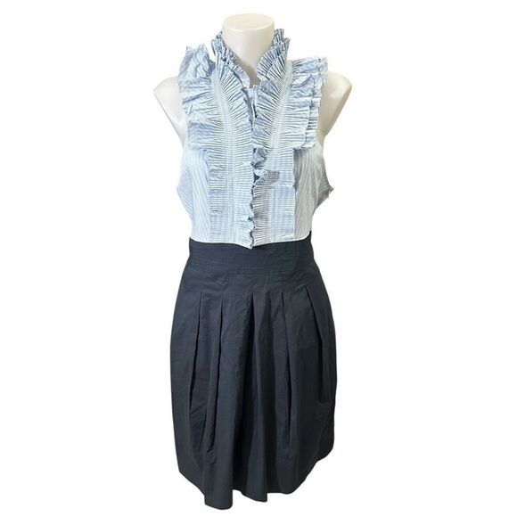 BCBG Maxazria Navy White Ruffle Pleated Sleeveless Mini Dress Tie Back sz 12 - Picture 1 of 11